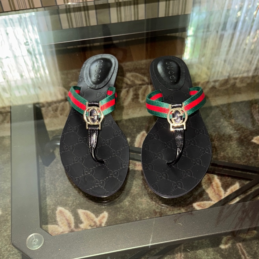 Black Flip-Flops with Red and Green Accents
